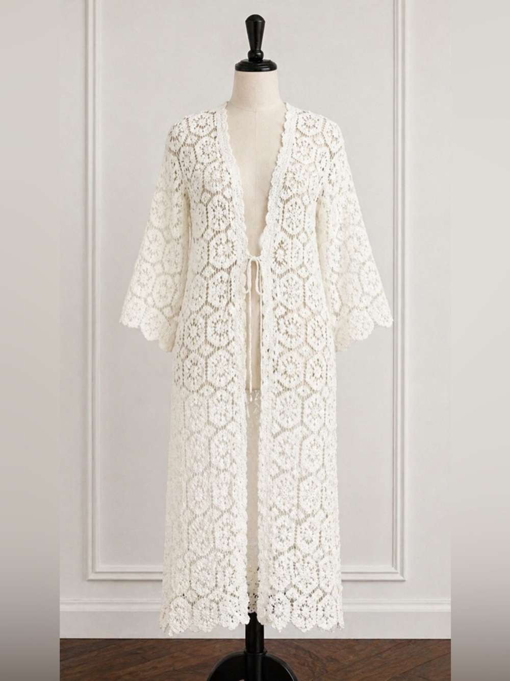 Cotton Lace Crochet Long Kimono White